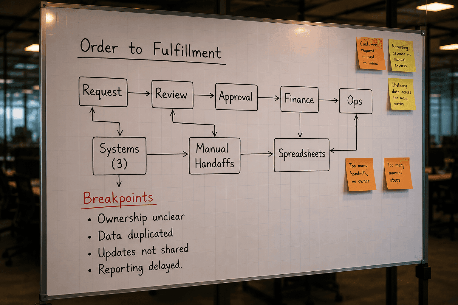 Whiteboard process map showing operational handoffs and breakpoints