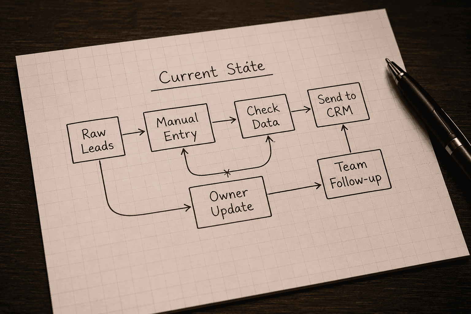 Hand-drawn current-state workflow on graph paper